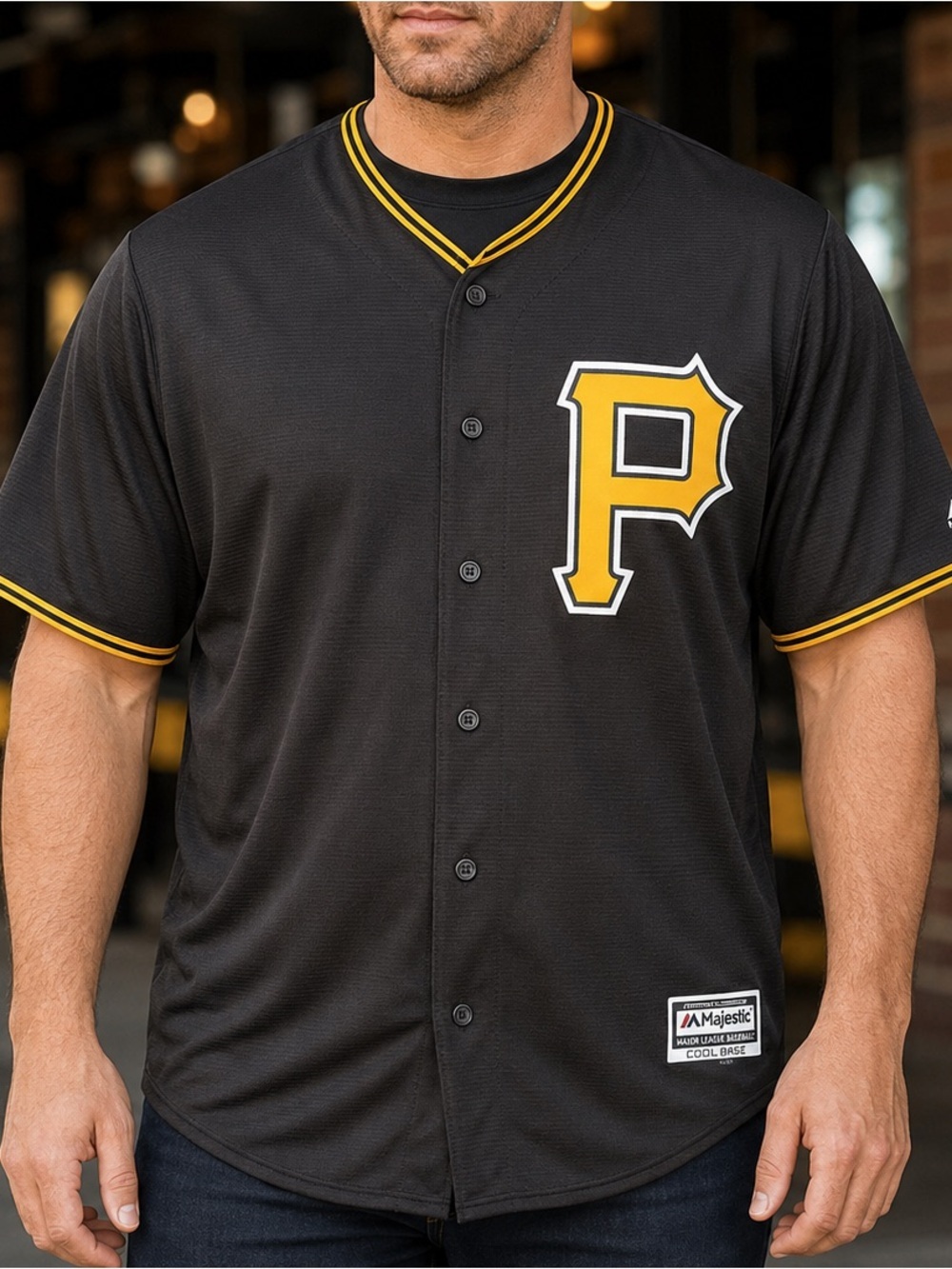 Majestic Black & Gold Pittsburgh P Button-Up Baseball Jersey